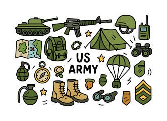 Military equipment flat icon set. featuring tank, rifle, helmet, radio, map, backpack, tent, and parachute symbols