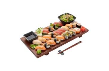 Sushi arranged on a white backdrop