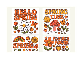 Springtime flat icon set. featuring flowers, butterflies, rainbows, sunshine, and mushrooms