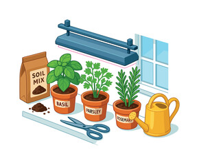 Gardening essentials flat icon set. featuring basil, parsley, rosemary, soil mix, grow light, scissors, watering can, window