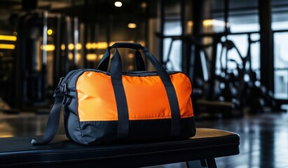 Orange and black gym duffel bag on a weight bench in a modern fitness gym.