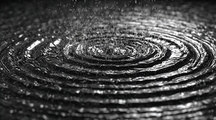 Ripples expand outward on water surface as rainfall creates concentric circles. Monochrome scene