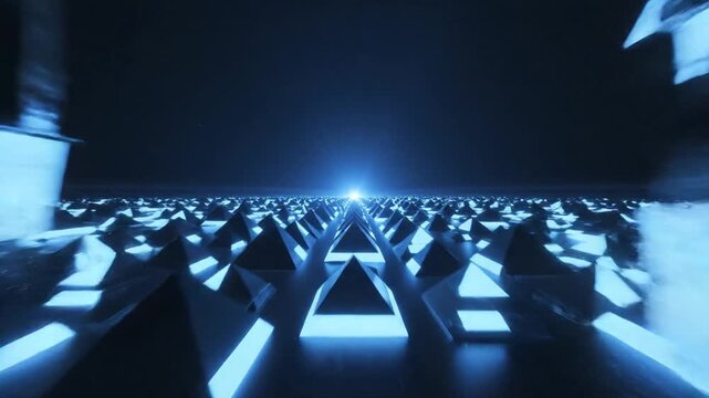 Abstract glowing blue pyramids stretching into a futuristic digital landscape with a bright light at the vanishing point