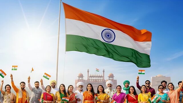 indian flag celebration with diverse crowd at colorful festival
