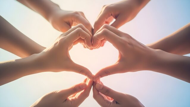 Multiple hands forming a heart shape together in a symbol of friendship and unity under soft natural lighting - Powered by Adobe