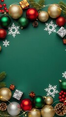 Festive christmas border with colorful baubles and lights on green surface