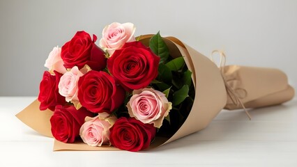 A beautiful bouquet of red and pink roses wrapped in brown paper