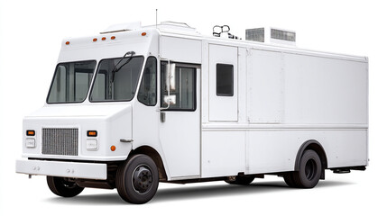 A white food truck or delivery vehicle is parked and ready for use on a plain white background