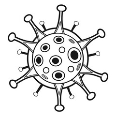 A virus particle, most commonly representing a coronavirus. It shows a round central body covered in various-sized circles and ovals (like pores or surface features).
