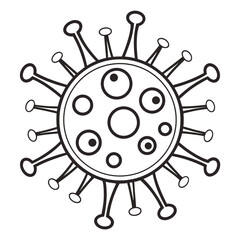 A black and white line drawing of a virus, resembling the coronavirus. It features a circular core with internal dots and is surrounded by spike-like protrusions ending in round tips.