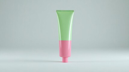 Graphic rendering of a cosmetic tube with two-tone green and pink color scheme