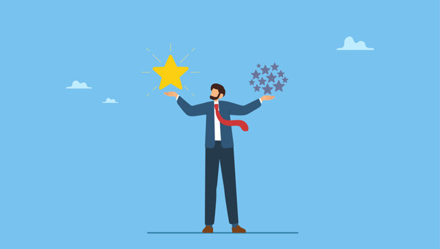 Smart businessman holding precious high quality stars versus other ordinary stars. Quality vs quantity, management to assure excellent work outcome, working attitude to deliver superior result.