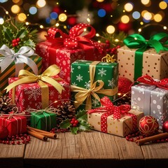 Stack of christmas gifts with festive decorations and bokeh lights