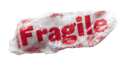 Torn piece of fragile packing tape with red text on white background, indicating careful handling required for shipping and storage with bubble
