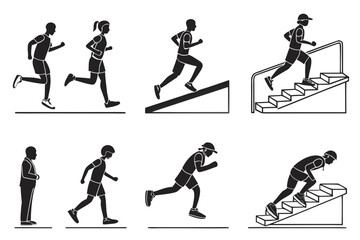 Illustrations of various running and stair exercises isolated on white background, Vector
