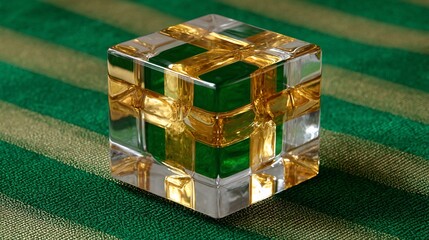 A clear, geometric glass cube with golden and green blocks, set against striped fabric