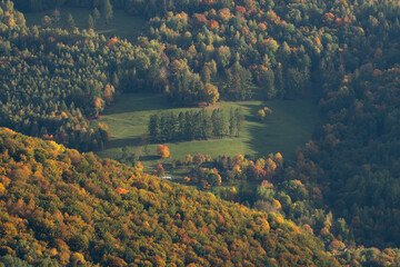 Aerial view of a lush green meadow embraced by a vibrant autumnal forest, a picturesque scene of nature's artistry, Muranska Planina, Banska Bystrica Region, Slovakia.