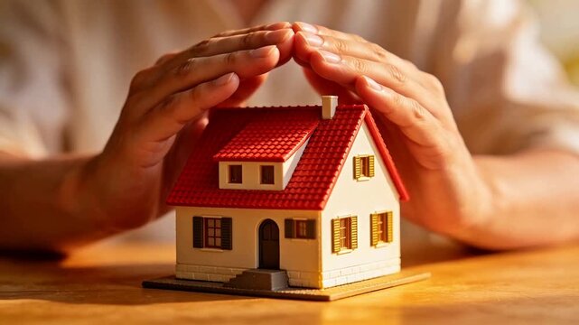 Hands protecting a miniature house