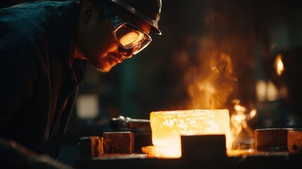 A blacksmith wearing safety glasses inspects glowing hot metal in a dark workshop