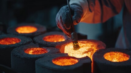 Close up of a gloved hand working with glowing hot metal molds in a dark industrial setting