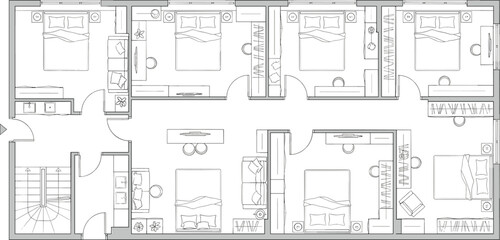 Modern apartment floor plan with multiple bedrooms, bathrooms, and living spaces detailed architectural interior layout blueprint for residential real estate design