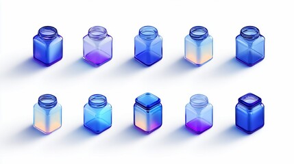 Isometric collection of stylized blue glass jars with varying gradients