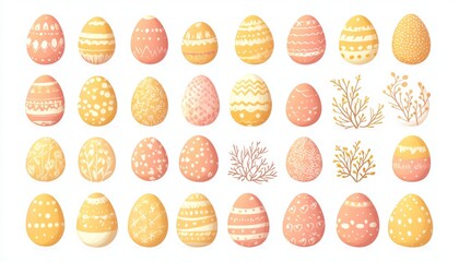 Colorful Pastel Easter Eggs with Intricate Patterns and Botanical Designs on a White Surface