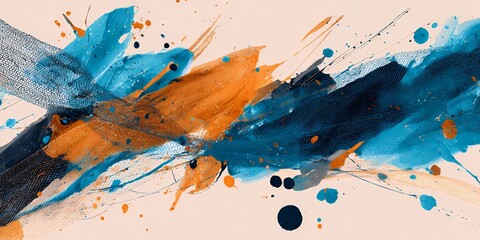 A vibrant abstract painting featuring blue and orange splashes with dynamic brush strokes and textures.