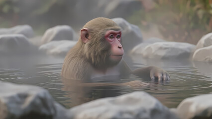 湯けむりが出る岩に囲まれた露天風呂に入っている一匹の猿