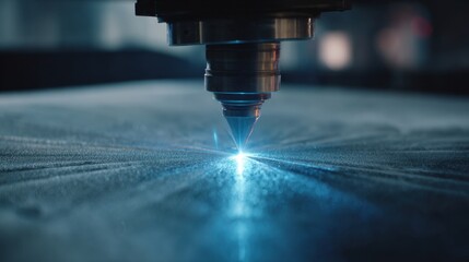 Close up industrial laser cutting machine precise beam focusing on material surface with blue glow
