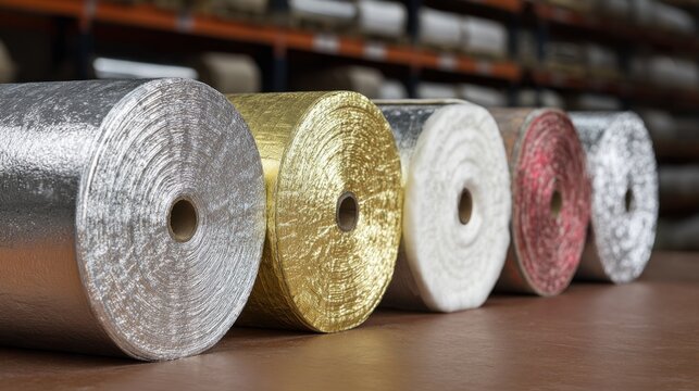Rolls of metallic silver gold white and red insulating material stacked in a warehouse