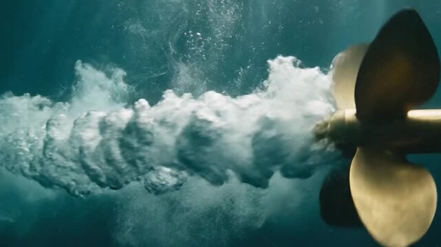 Powerful marine propeller vigorously churning deep water, creating a turbulent wake of foamy bubbles, illustrating propulsion and dynamic force in motion