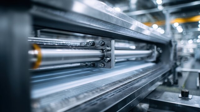 Close up view of industrial machinery with polished metal rollers and bolts
