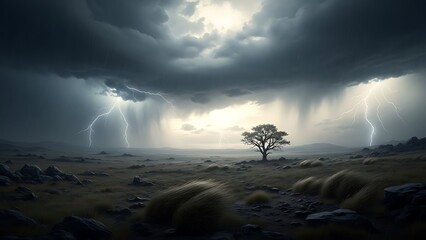 Epic Lightning Storm Over Desolate Savannah: Multiple Bright Lightning Bolts Strike the Ground Under Dark Cumulonimbus Clouds, Framing a Solitary Tree in a Moody, Cinematic Landscape.