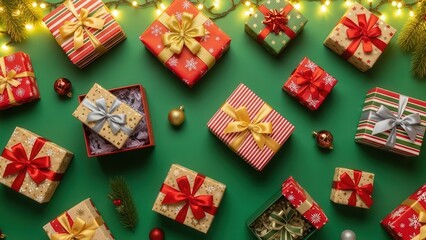 Assortment of wrapped holiday presents scattered on bright green background