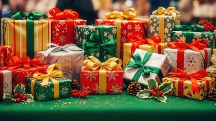 Abundant christmas gifts arrayed on green surface with festive twinkling lights
