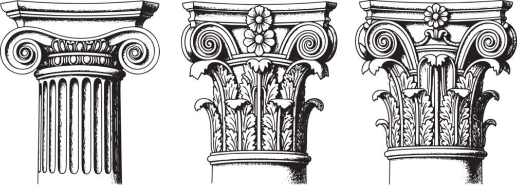 Three ancient greek ionic columns with ornate capitals and scrolls
