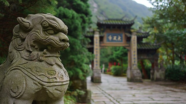 Stone Guardian Lion at Temple Entrance