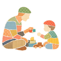 Father and child playing with toy blocks paper collage