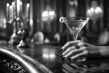 Stylish black and white photo of an elegant hand with dark nails and ring resting beside a martini glass on a marble bar in a luxurious, candlelit setting.