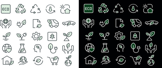 Eco Friendly Line Icon Set with Sustainability, Recycling, and Green Energy Symbols Illustration, black and white, transporent backgound, png forrmat