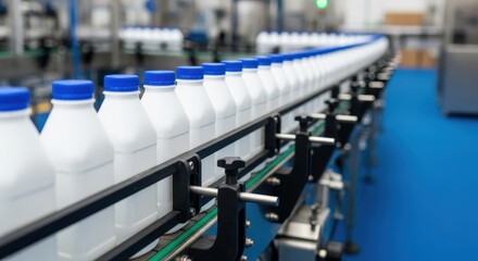 Obraz premium Row of white milk bottles with blue caps moving on an automated conveyor belt system in a modern factory production line