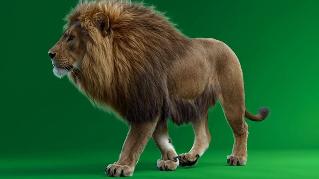 Majestic lion prowling on a vibrant green screen background for creative visual projects