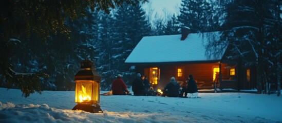Winter evening with friends gathered around a campfire outside a cozy snowy cabin, illuminated by a warm lantern.