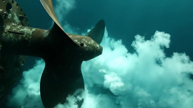 Massive aged ship propeller submerged in the deep blue sea, hinting at long voyages and the powerful forces beneath the ocean's surface