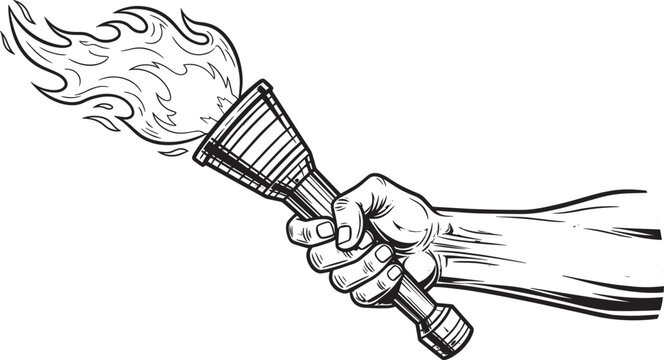 hand holding a burning torch with flame