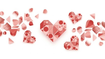 Vibrant red geometric hearts in various styles on white background