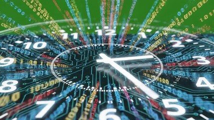 Dynamic digital clock face with glowing hands and numbers superimposed on a futuristic circuit board illustrating the rapid flow of data and the concept of time in the digital age surrounded by vibra. - Powered by Adobe