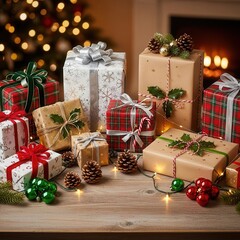 christmas gifts and decorations on wooden table with fireplace background