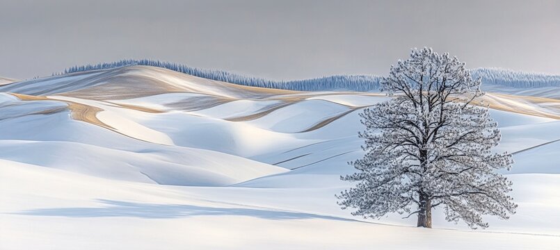 A Serene Winter Landscape with Snow-Covered Hills and a Solitary Tree in the Peaceful Countryside - Powered by Adobe